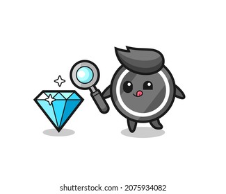 hockey puck mascot is checking the authenticity of a diamond , cute style design for t shirt, sticker, logo element