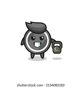 hockey puck mascot lifting kettlebell in the gym , cute design