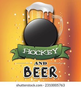Hockey puck with mug of beer. Pattern for banner, poster, greeting card, party invitation, signboard, menu pub. Vector illustration