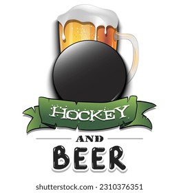 Hockey puck with mug of beer. Pattern for banner, poster, greeting card, party invitation, signboard, menu pub. Vector illustration