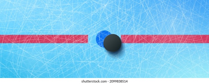 Hockey puck on blue ice rink with red stripe and skate traces top view background. Mockup for advertising or banner, template for sport event, competition, tournament, Realistic 3d vector illustration