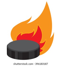 Hockey puck on fire, sports equipment.