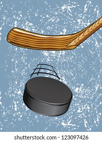 Hockey Puck on Ice is an illustration of a Hockey Puck being hit with a hockey stick with an ice background.