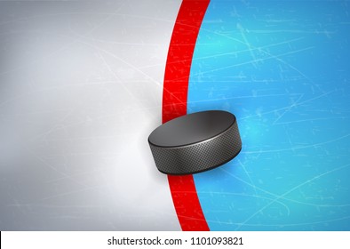 Hockey puck on ice - on red line of goalpost. Vector illustration.