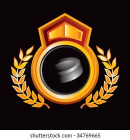 hockey puck on royal floral crest