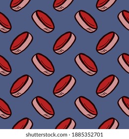 Hockey puck , seamless pattern on a dark blue background.