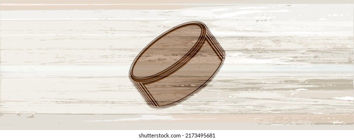 Hockey Puck Silhouette On A Rectangular Background With A Wood Texture In Light Gray-brown Shades For Text Placement. Isolated Element With Wood Burning Effect.