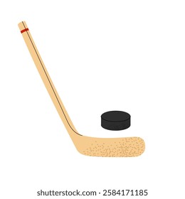 Hockey puck and stick. Sports equipment. Winter Games. Flat vector illustration isolated on white background.