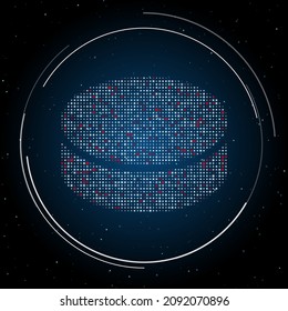 The hockey puck symbol filled with white dots. Pointillism style. Some dots is red. Vector illustration on blue background with stars