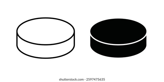 Hockey puck vector icon set black filled and outlined style.