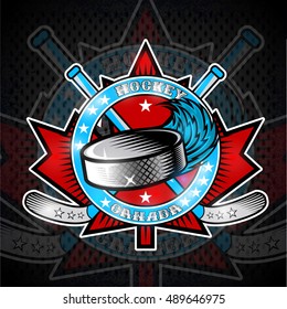 Hockey puck with wind trail and crosses hockey sticks on red maple leaf. Sport logo for any canadian team or championship
