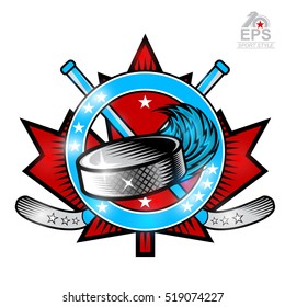 Hockey puck with wind trail and crosses hockey sticks on red maple leaf. Vector sport logo isolated on white for any team or competition