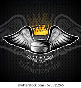 Hockey puck with wings and crown. Vector sport logo for any team and championship