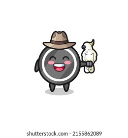 hockey puck zookeeper mascot with a parrot , cute design
