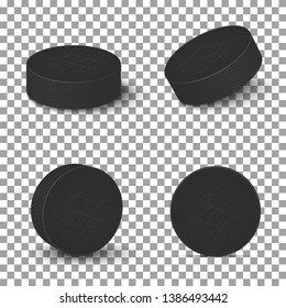 Hockey pucks isolated on transparent background. Set of ice hockey pucks.Vector illustration