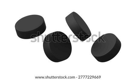 Hockey pucks realistic 3D vector icons set. Professional sports equipment inventory for winter team game. Cartoon black rubber pucks for play ice hockey. 3D mockup from different angles