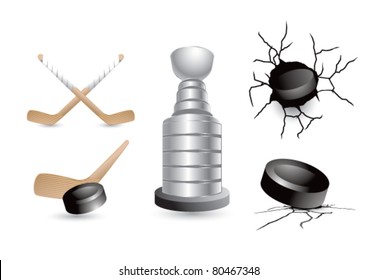 Hockey pucks, sticks, and trophy on white background