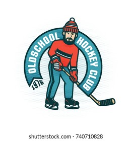 Hockey retro emblem for amateur club with bearded man in sports clothes with stick and puck. Halftone dots are grouped and easily removed if necessary.