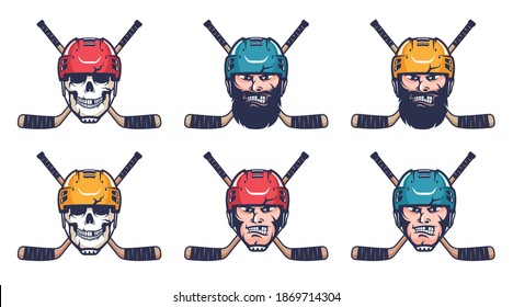 Hockey retro logo. Hockey player head in helmet and crossed sticks. Vector retro illustration.