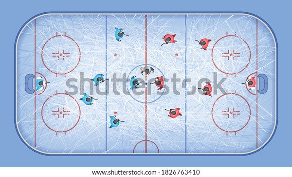 Hockey rink\
with hockey players. Top view. Textures blue ice. Ice rink.  A\
match at the hockey stadium. View from\
above.