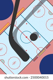 Hockey rink with a stick and a puck. Vector illustration. Sketch for creativity.