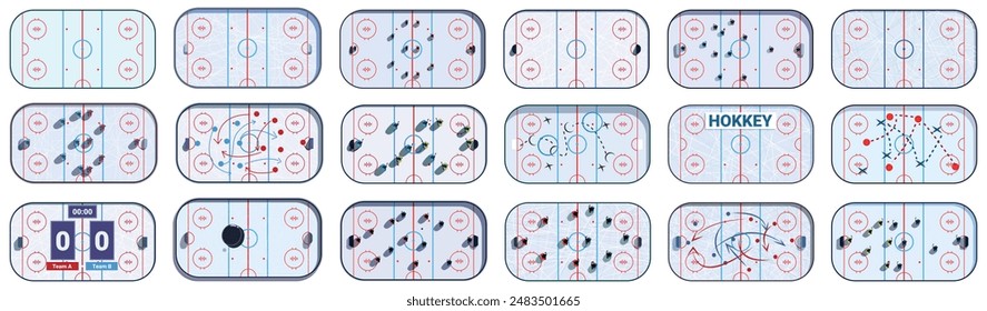 Conjunto de iconos de vista superior de pista de hockey. Conjunto de esquemas de estrategia de juego de hockey con flechas rojas y azules y figuras de jugadores en pista de hielo