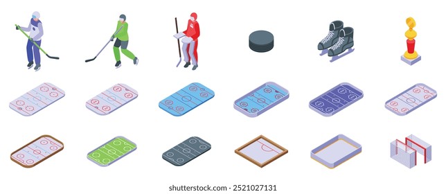 Conjunto de iconos de vista superior de pista de hockey. Jugadores de hockey que entrenan para el campeonato con el entrenador en los iconos del campo de pista fijan la Ilustración vectorial isométrica