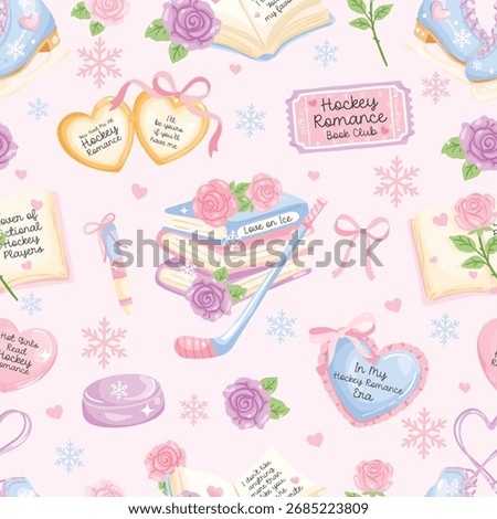 Hockey Romance Seamless Pattern Pastel Bookish Ice Hockey Skates Roses Snowflakes