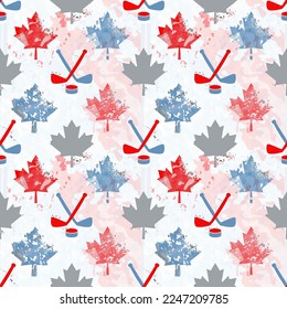 Hockey seamless background with crossed sticks, pucks and maple leaves.