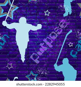 Hockey seamless pattern on brick texture. Hockey players are winners. Purple blue and light blue shades. Vector illustration.