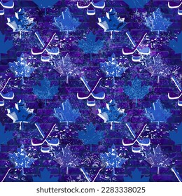 Hockey seamless pattern on brick texture with crossed sticks, pucks and maple leaves. Purple blue and light blue shades. Vector illustration.
