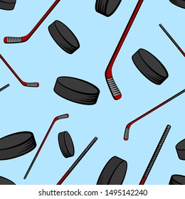 Hockey seamless pattern with sticks and pucks, vector illustration