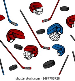 Hockey seamless pattern with sticks, pucks and helmets, vector illustration