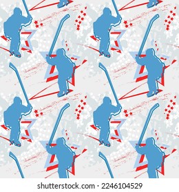 Hockey seamless pattern with winner child hockey player. The silhouette of a player with a club raised up is blue.