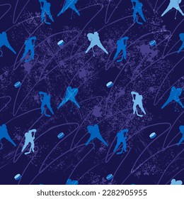 Hockey seamless pattern. Young players with hockey sticks and pucks. Ultra blue area for skating. Vector illustration.