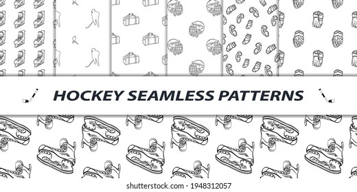 Hockey seamless patterns. Set of sports endless vector illustrations. Clip art isolated on white background. Elements of a hockey stick, skates, helmet, hockey gloves, bags, elbow pads. Eps10.