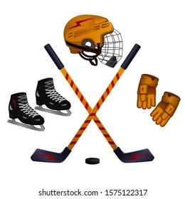 
Hockey set. Color image skates, hockey stick, puck, helmet on a white background. Sport equipment. Vector illustration