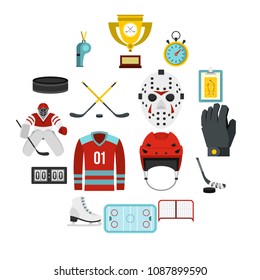 Hockey set icons in flat style isolated on white background