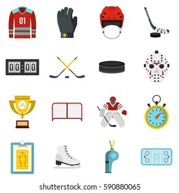 Hockey set icons in flat style isolated on white background