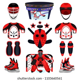Hockey set. Modern flat cartoons style vector illustration icons. Isolated on ice, blue. Hockey gear. Hockey equipment. Sport accessories: scoreboard, skates, wear, helmet, knee pads,goalkeeper, ice