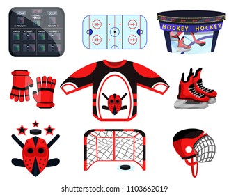 Hockey set. Modern flat cartoons style vector illustration icons. Isolated on ice, blue. Hockey gear. Hockey equipment. Sport accessories: scoreboard, ice arena, wear, gloves, mask, gate, skates, puck