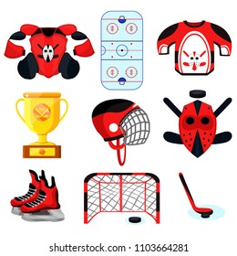 Hockey set. Modern flat cartoons style vector illustration icons. Isolated on ice, blue. Hockey gear. Hockey equipment. Sport accessories: cup, wear, ice arena, goal, skates, helmet, mask, sticks.