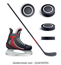 Hockey set with realistic skate stick top and side views of puck isolated vector illustration