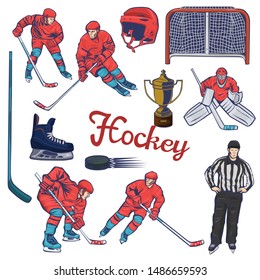 Hockey set of various objects and players isolated on a white background. Vector graphics.