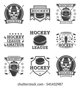 Hockey set of vector emblems, labels, badges and logos in monochrome style on white background