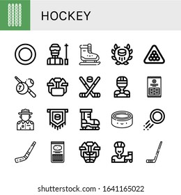 hockey simple icons set. Contains such icons as Sticks, Puck, Ski, Ice skating, Hockey, Billiard, Hockey helmet, stick, player, can be used for web, mobile and logo