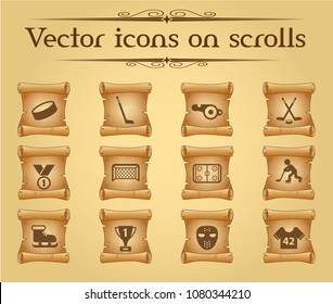 hockey simple vector icons on ancient scrolls