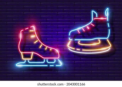 Eishockeyskates und Eiskunstläufer sind Neonsymbol. Winteraktive Freizeit-Eisläufe im Freien. Schild zum Verleih von Skaten. Wintersportkonzept. Hockeysymbol.