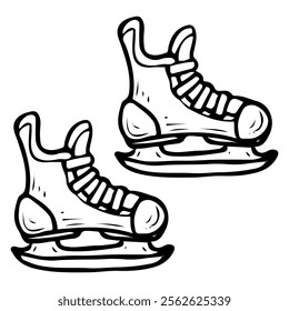 Hockey skates hand drawn doodle illustration. Sports equipment. Boots, shoes. Protective footwear with metal blade for high-speed skating on ice. Game, match. Vector line art.