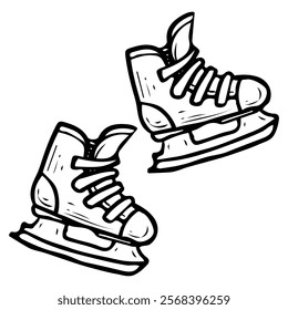 Hockey skates hand drawn doodle illustration. Sports equipment. Boots, shoes. Protective footwear with metal blade for high-speed skating on ice. Game, match. Vector line art.